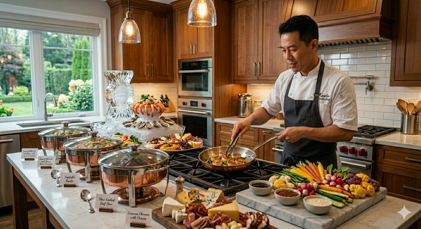 A private chef plating a dish in a client's kitchen