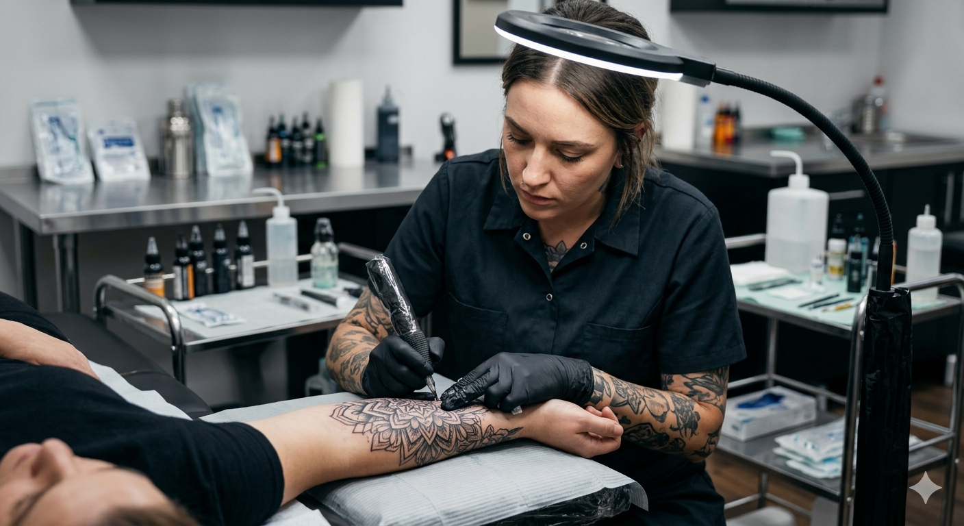 A tattoo artist at work in the studio